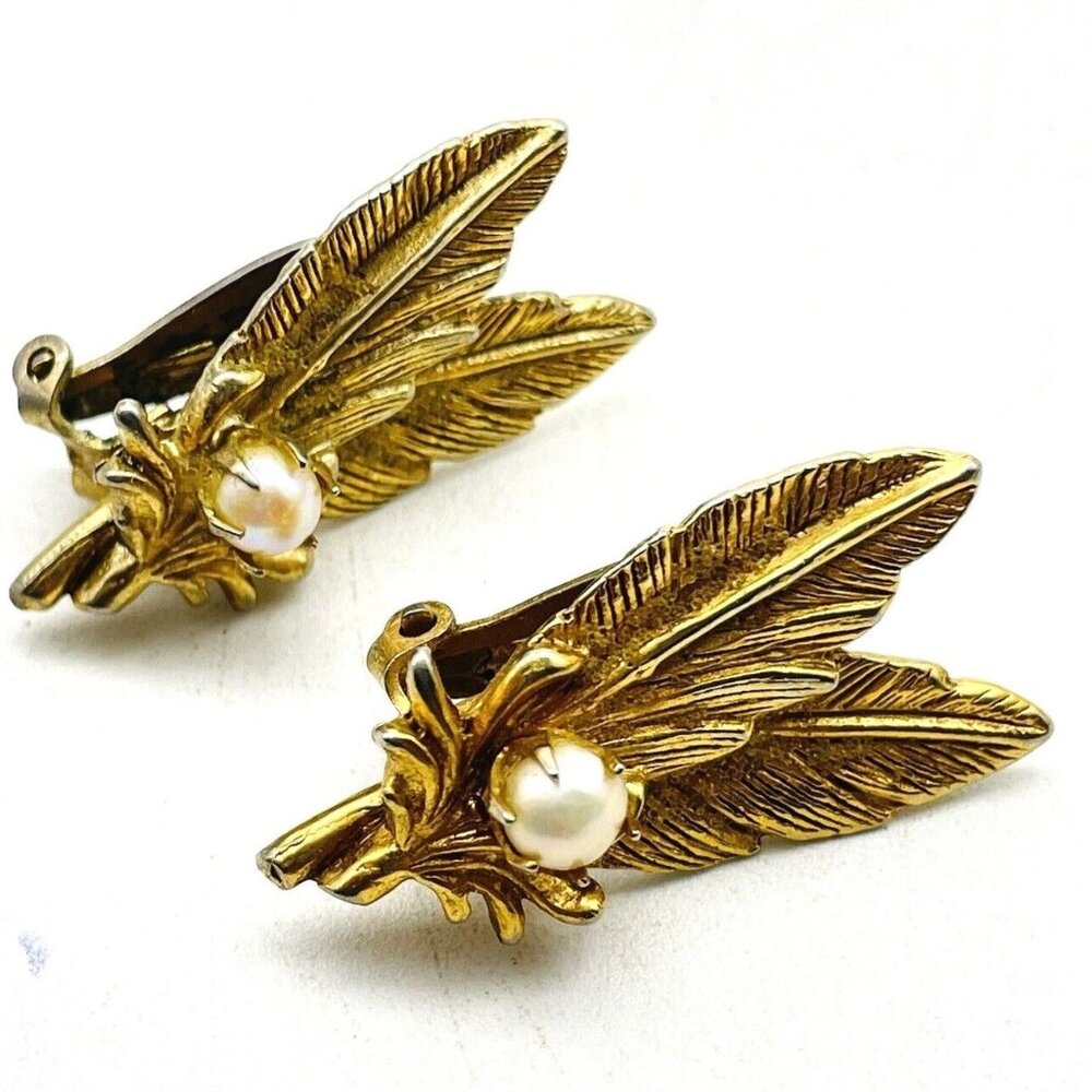 Double Feather Earrings Clip On Gold Tone Simulated Pearl Accent Leaves Nature